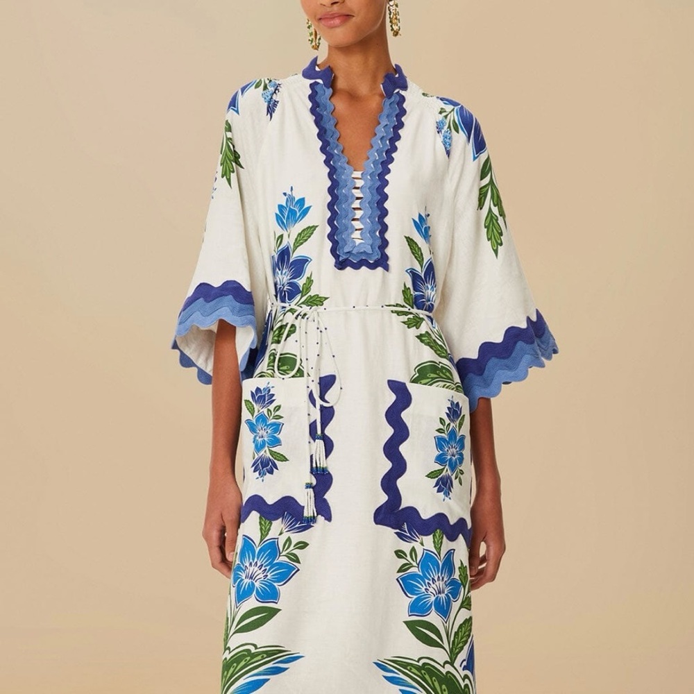 FARM RIO Off-White Tropicance Tunic Lenzing™ Ecovero™ Euroflax™ Midi Dress M NWT - Picture 2 of 16